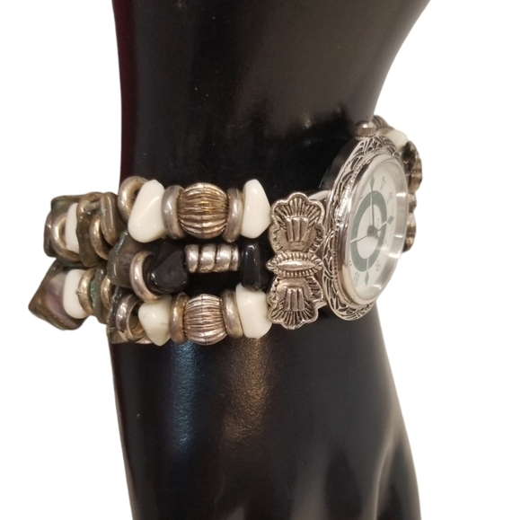 NATIVE AMERICAN STYLE SILVERTONED, GEMSTONE & ABALONE SHELL BAND LADIES WATCH - Picture 2 of 8